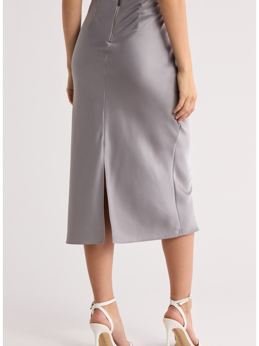 Alice + Olivia Silver-Gray Satin Midi Skirt